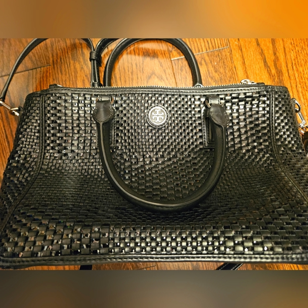 Tory Burch black woven leather Crossbody bag